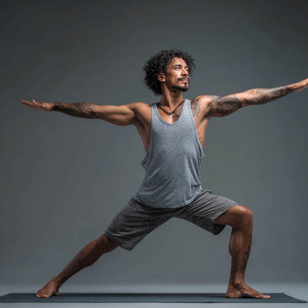 Hombre colombiano adulto sonriente en posición de meditación en un jardín tranquilo